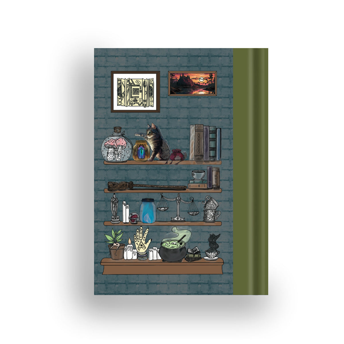 Spellbound hardcover notebook rear showing wizard library theme