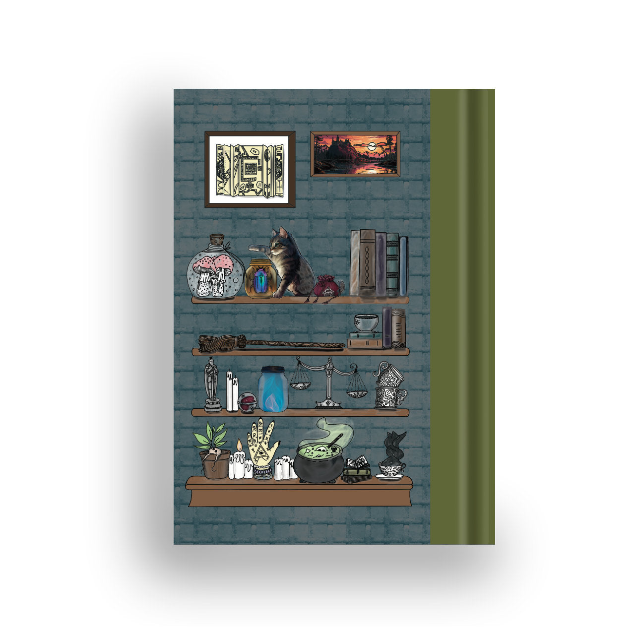 Spellbound hardcover notebook rear showing wizard library theme